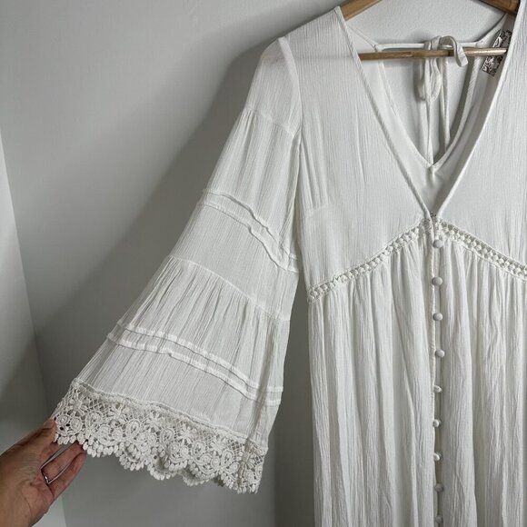 Boho Crinkle Gauze Maxi Dress S Tiered Lace Hippie Wedding Cottagecore Festival - Picture 5 of 15